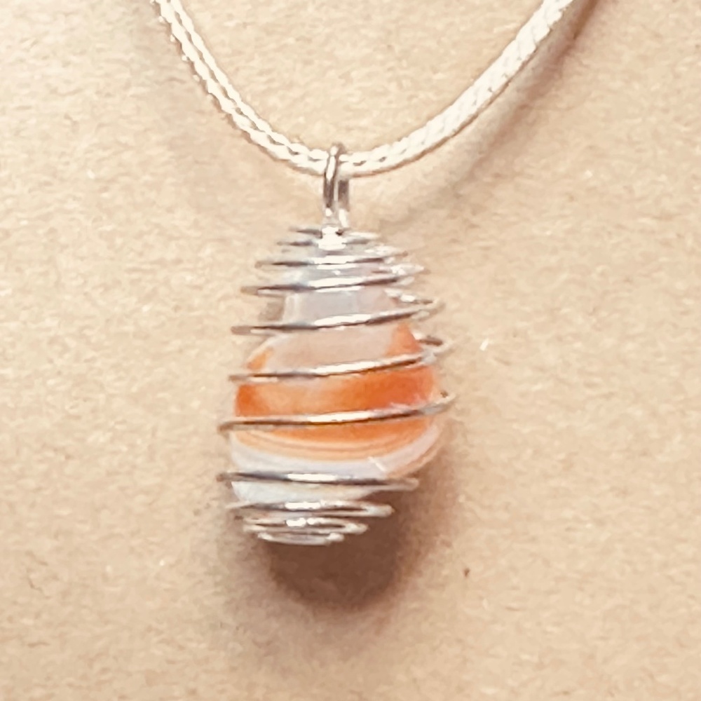 925 Sterling Silver Plated & Orange Banded Agate Spiral Wire Wrapped Cage New